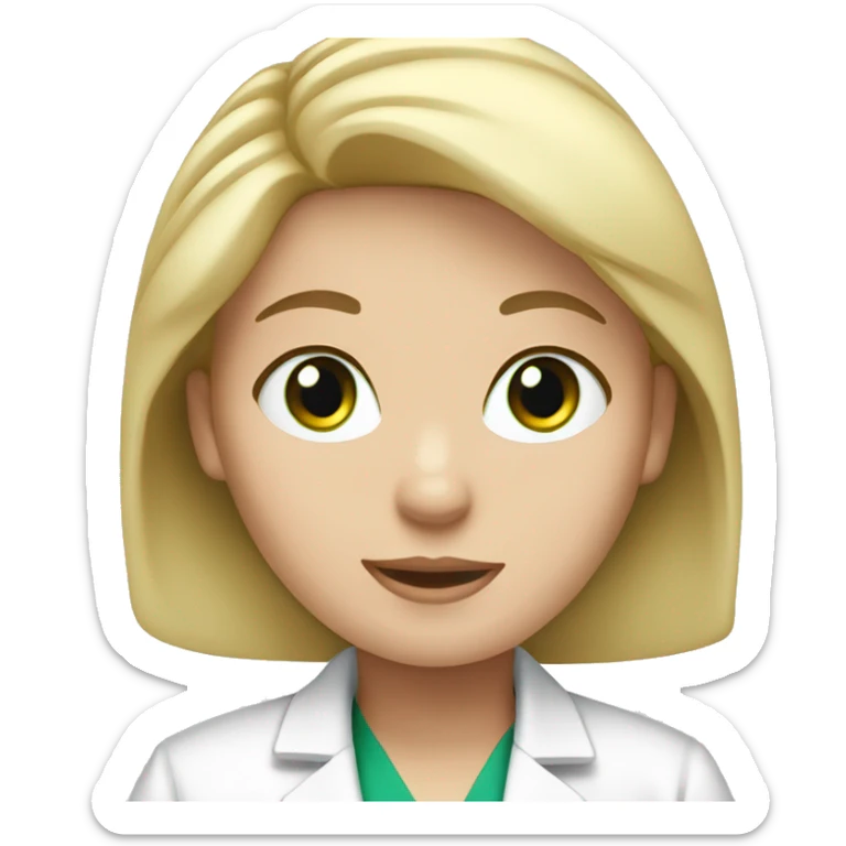 white girl with blonde hair green eyes wearing a lab coat sticker