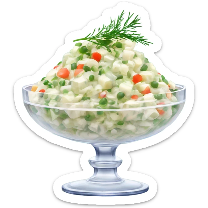 russian salad olivier on a crystal bowl, dill on top of a dish, view from the side  sticker