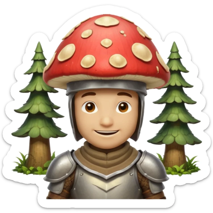mushroom knight portrait, head and shoulders only, helmet made entirely of a large mushroom cap, textured mushroom surface, tiny fantasy armor collar, heroic smile, magical forest vibe, 3D cartoon, mobile game icon style, clean background, no text, no watermark
 
 sticker