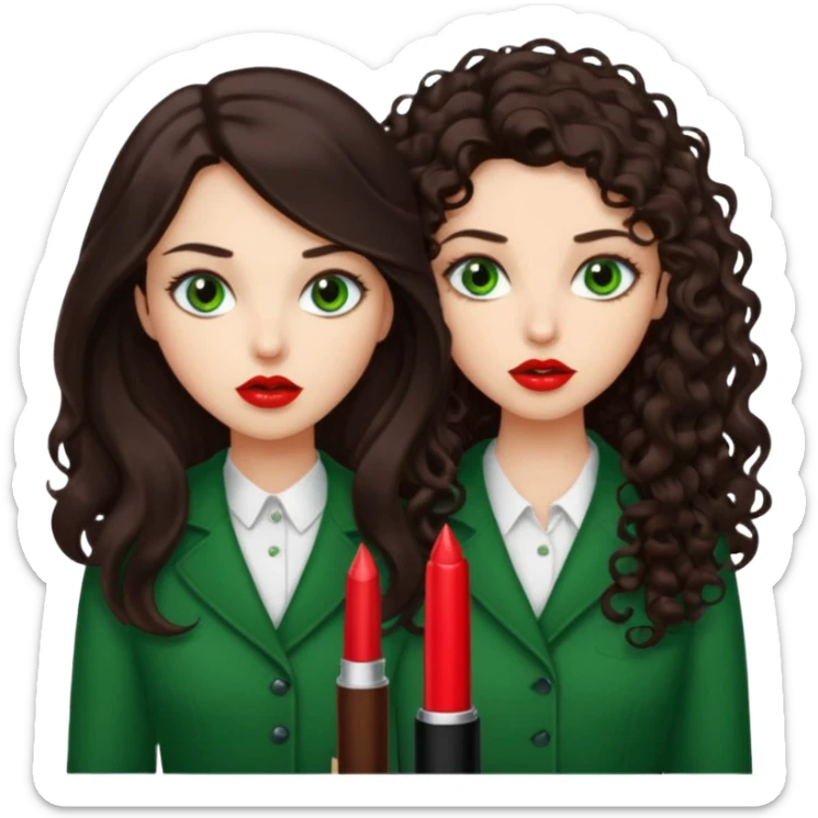 Two scornful girls, 1: long ironed straight darkbrown hair, green eyes, 2: long curly darkbrown hair, brown eyes sticker