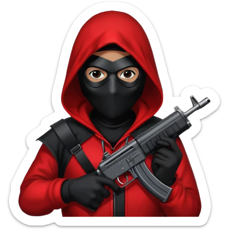 person wearing black mask with a red hood on. on the black mask is one white triangle and they are holding an smg gun. their hands are black too. and  sticker