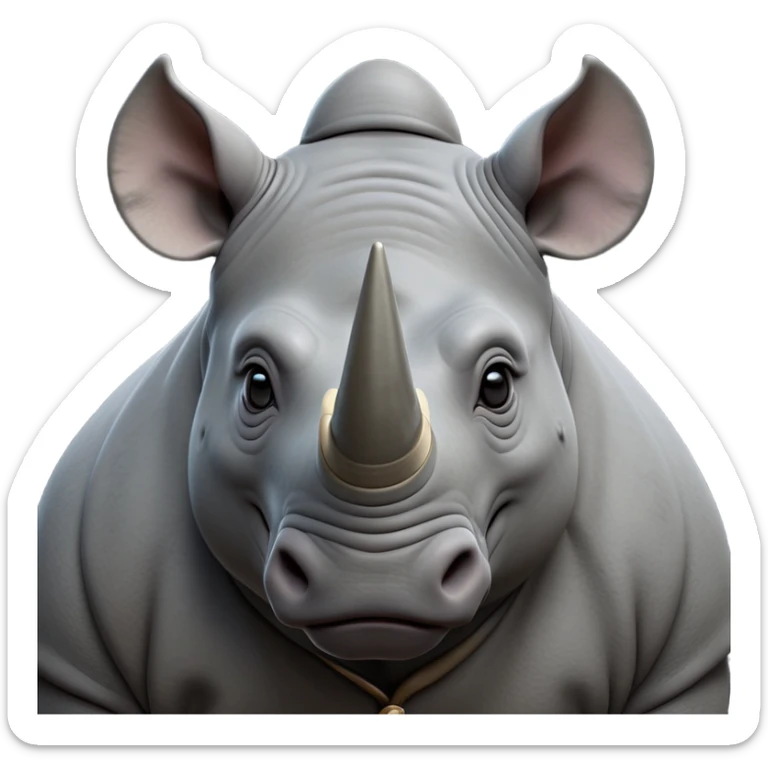 cinematic-noble--rhinoceros-portrait-emoji,slate-grey-hide--poised-and-regal,-with-a-massive,-powerful-build-and-a-thick,-deep-set-soulful-piercing-eyes,-simplified-yet-sharp-and-sophisticated-features,-highly-detailed,-large-black-eyes, zoomed out showing shoulders sticker