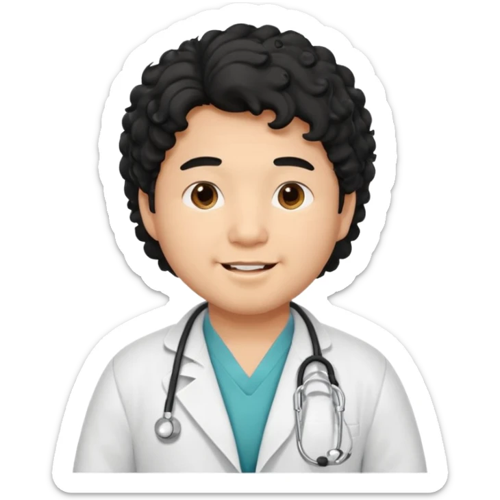a young asian chubby male doctor with very black long curly hair and cheerful face without gpasses sticker