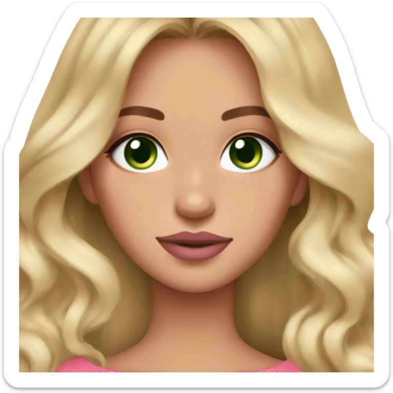 Dark blonde girl tan skin pink sweater pink makeup green eyes gold earrings pink nails wavy long hair sticker
