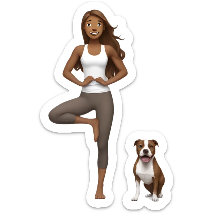 woman with long brown hair expressing joy dressed in a yoga outfit alongside a pitbull dog sticker