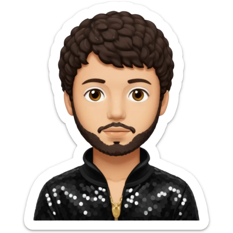 Jack Harlow with dark brown hair and short beard, black sequin outfit sticker