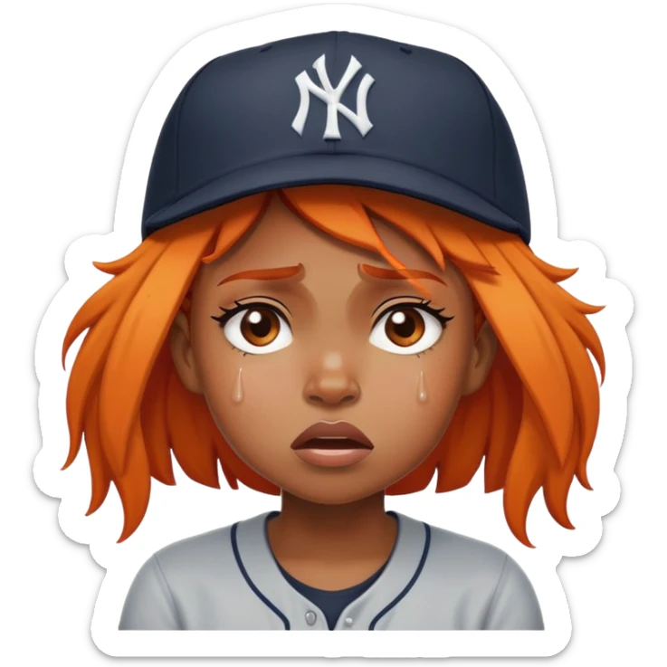Frowning crying black girl with big tears and a Yankees baseball hat with orange hair sticker
