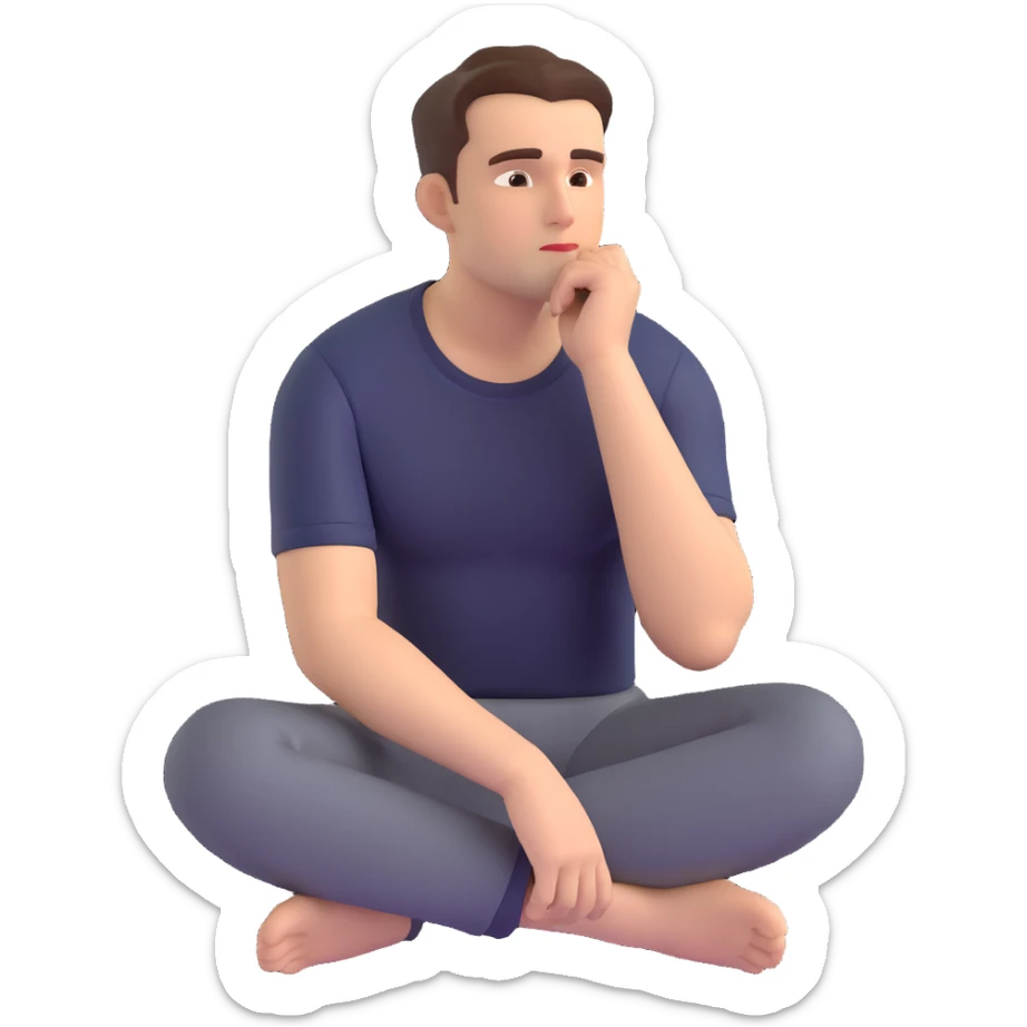 emoji-style image of a man sitting alone, hand under chin, gazing to the side with a thoughtful, contemplative look, serious and curious mood, clean simple background sticker