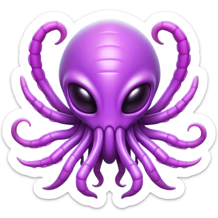 Clash of Clans aesthetic: Cinematic Playful Zerg Alien Emoji, rendered in a 3D vector-style similar to standard emojis with minimal shading and bold, simplified shapes. A compact, isometric, otherworldly creature with insectoid, organic details and subtle, eerie tentacles, softly glowing with a sinister alien charm. Simplified yet unmistakably iconic, highly detailed and consistent, glowing with a soft, spectral radiance and high shine. Stylized with a touch of bio-engineered mischief and a soft glowing outline, capturing the essence of a fearsome extraterrestrial menace with a playful twist! sticker