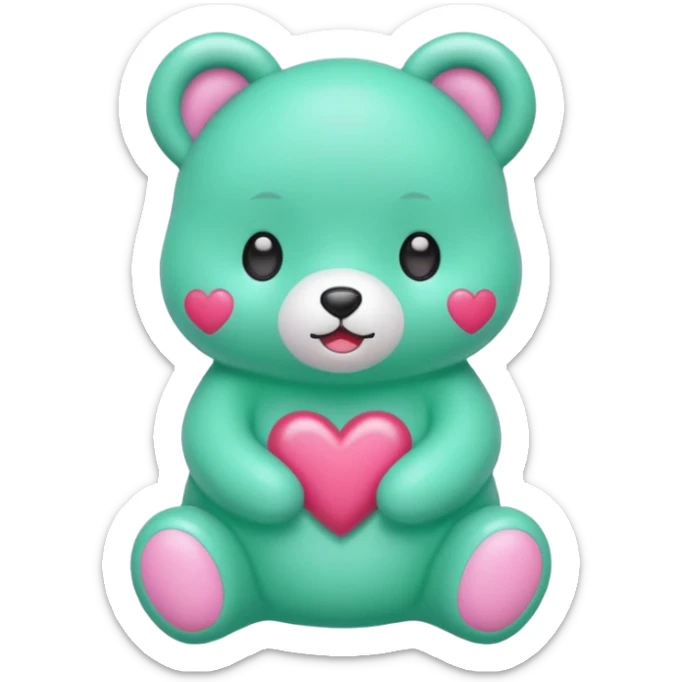 Oso gummy color verde agua  corazón rosa kawaii con cuerpo entero sticker