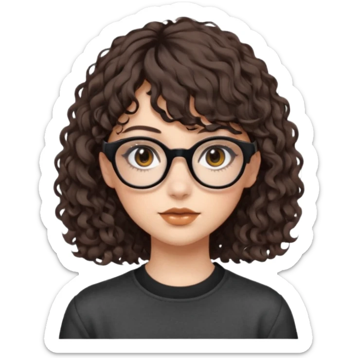 A girl with fair skin, brown eyes with black square glasses, eyeliner, shoulder length curly hair with bangs, with a grunge outfit  sticker