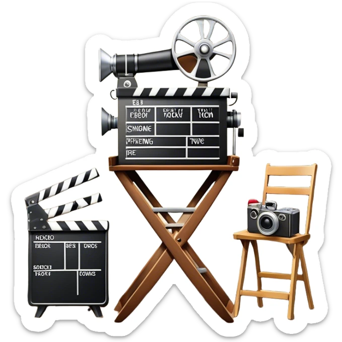 Icon for Directing: a director's chair, a film clapperboard, large movie camera, vintage megaphone and a stage with a spotlight. The icon should represent the creative and organizational aspects of directing, with focus on storytelling, staging, and performance. Transparent background. sticker