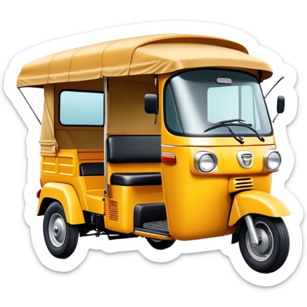 Cinematic Realistic Tuk Tuk Emoji, depicted as a vibrant iconic three-wheeled vehicle with bold colors and a compact design, rendered with crisp textures and dynamic urban lighting that captures its quintessential Thai charm. sticker