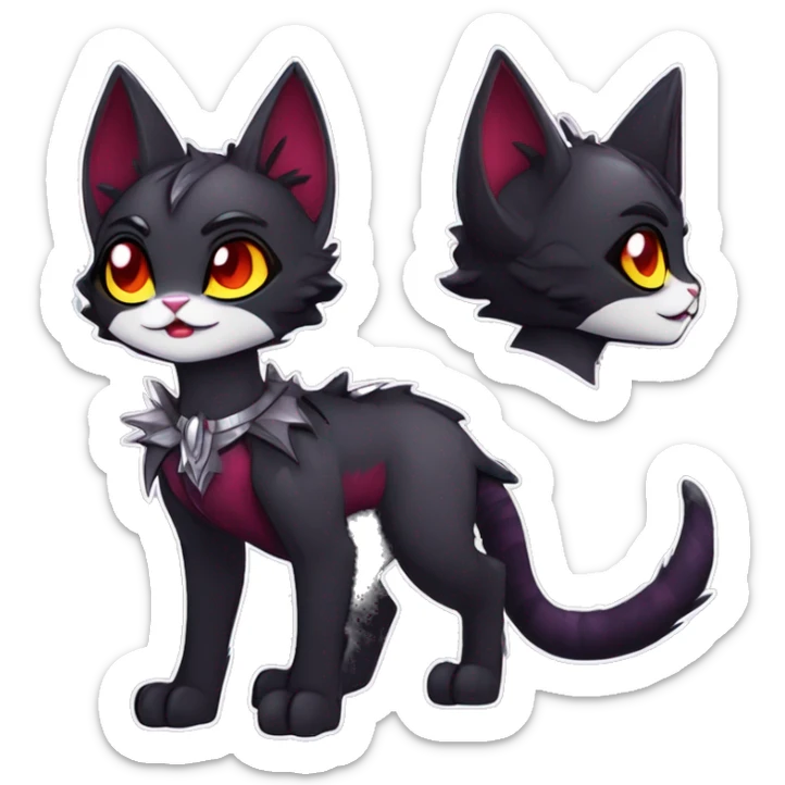 Anthro-Cute-Edgy-Cool-Vampiric-Batty-Cat-Black-Purple-Red-Grey-White-Yellow-Contrast-Colors-Fantasy-Fur-Sona-Chibi-Shiny-Fakémon-Hybrid with horns and big fangs and collar full body sticker