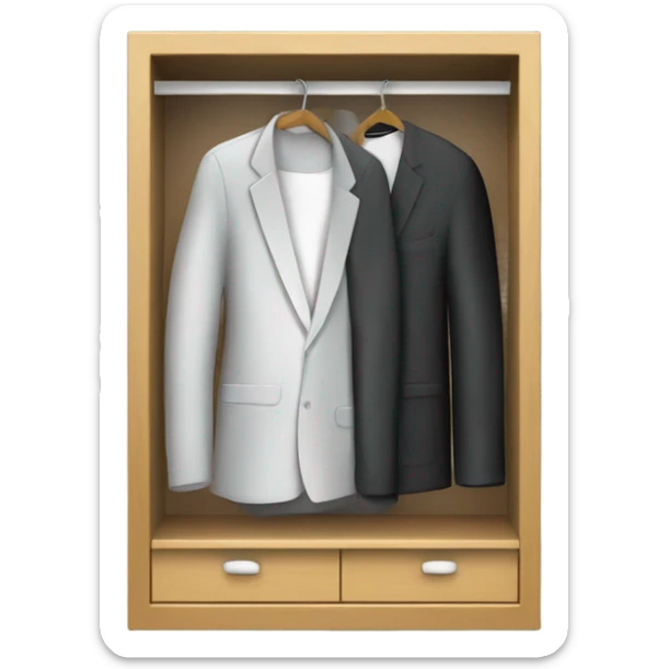 Design an emoji-style icon of an open wardrobe with clothes hanging inside. Include details like a wooden frame, hangers, and only black or white different clothing items such as shirts or any other clothing . Use a clean and minimalistic design. sticker