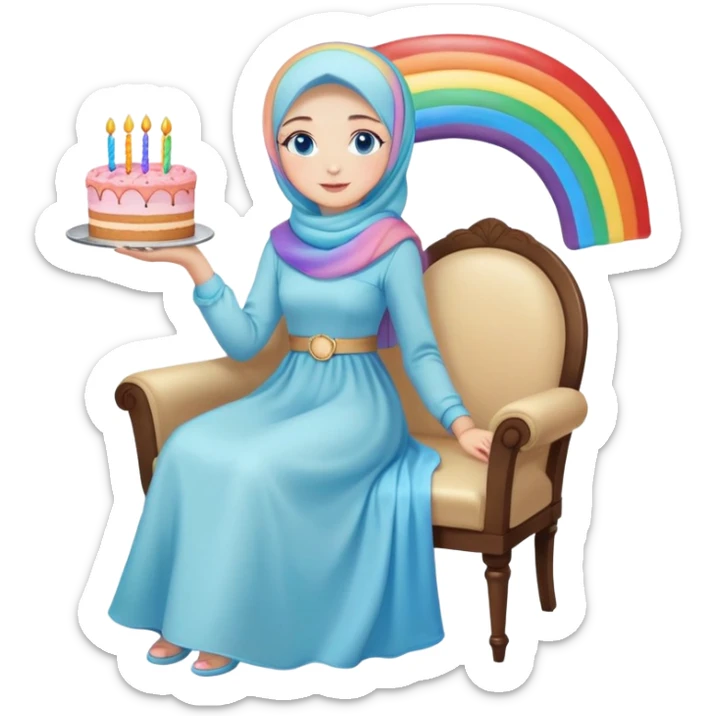 Turkish beautiful finish Konya girl blue eyes with pastel hijab long tail dress and sits on the chair and holds rainbow cake with her hand  sticker