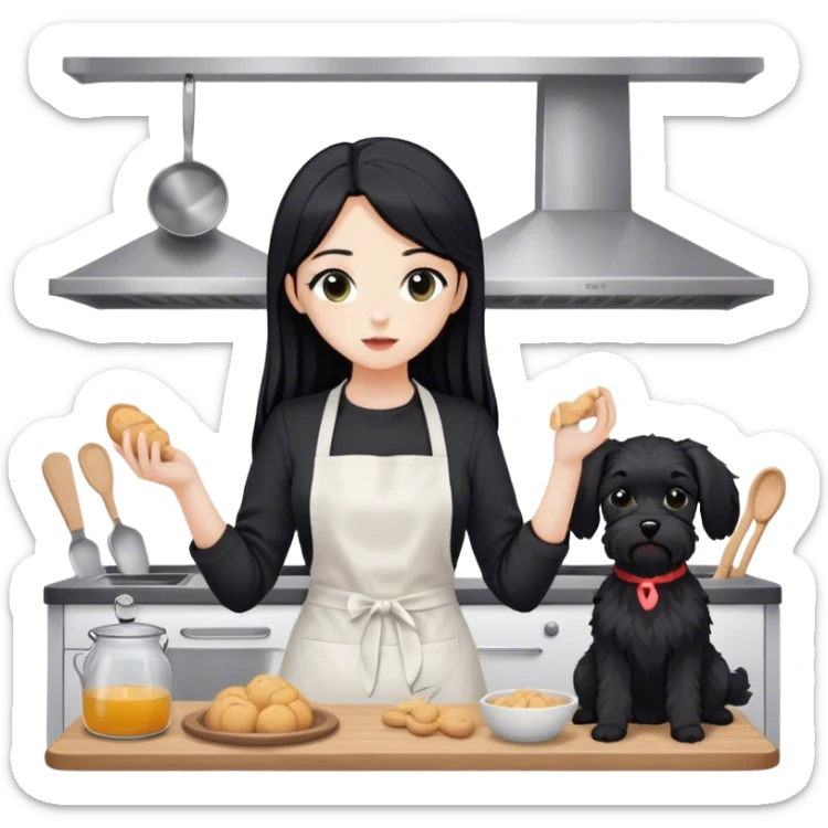 pale girl with long black hair wearing black long sleeve tshirt wearing apron and baking treats holding black floppy ear schnauzer no tail sticker