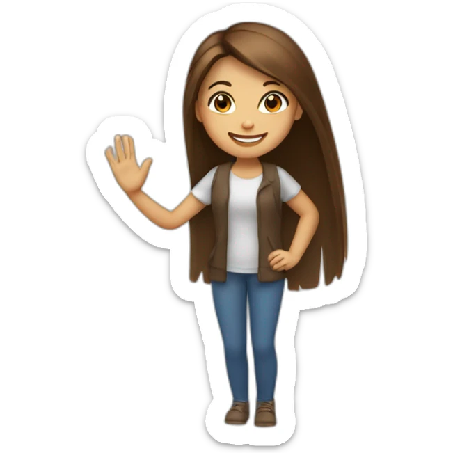 Girl with brown, long and straight hair smiling kindly and waving with the left hand sticker