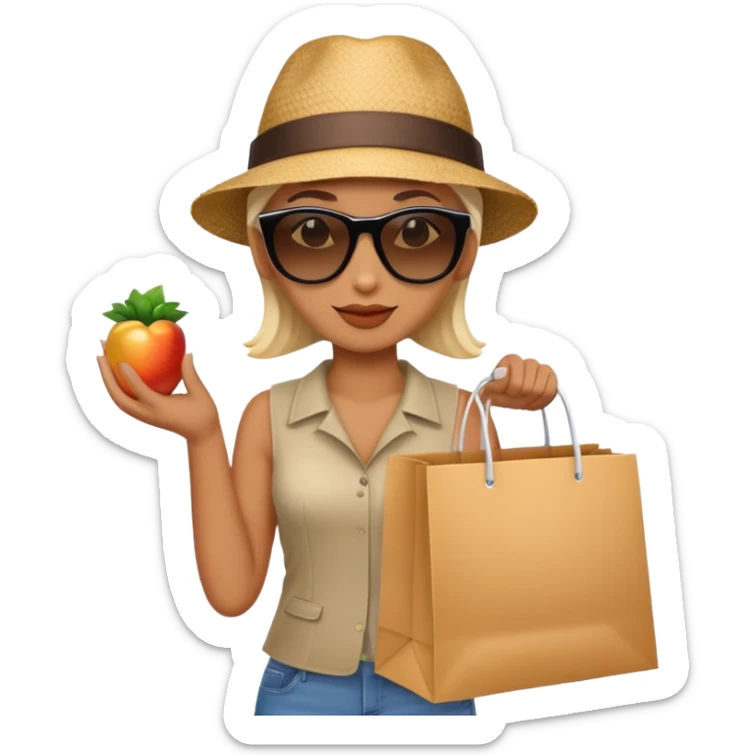 mystery shopper wearing sunglasses and a hat, holding a shopping bag sticker