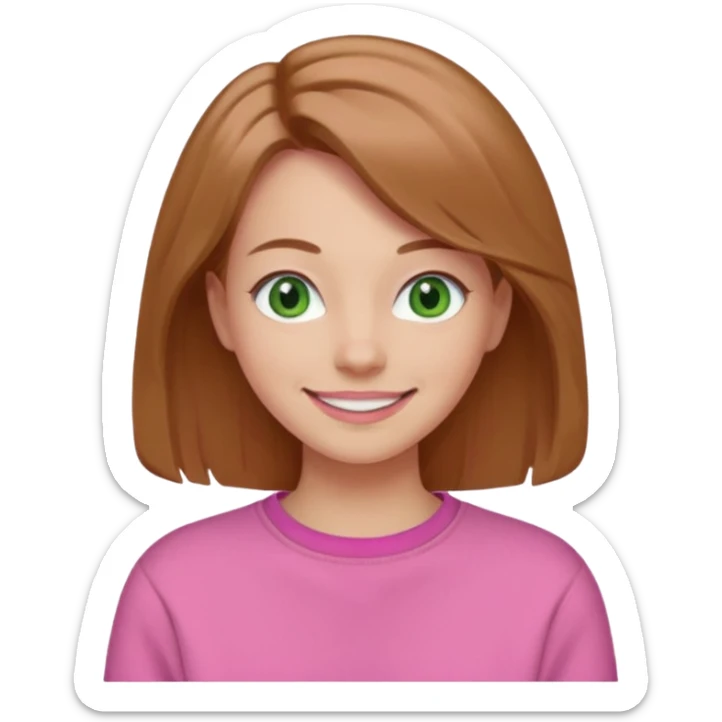  Una donna con una felpa semplice rosa, senza cappuccio. i capelli sono lunghi fino alle spalle marroni chiaro,gli occhi sono verdi e la bocca è contenta  sticker