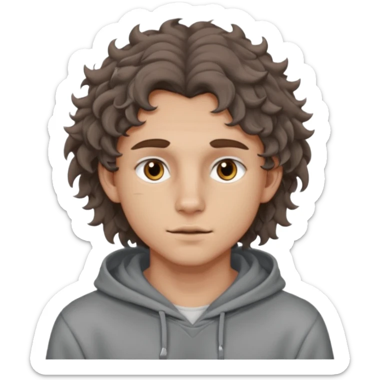 18 year old boy siren eyes good jawline with grey hoodie and long brown wavy curly wolf cut hair sticker