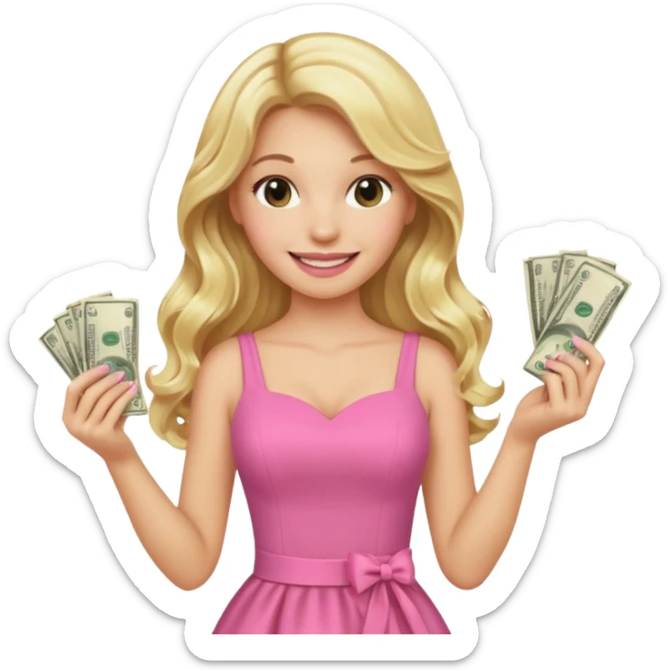 rich long hair blonde millionare woman holding money wearing pink dress sticker