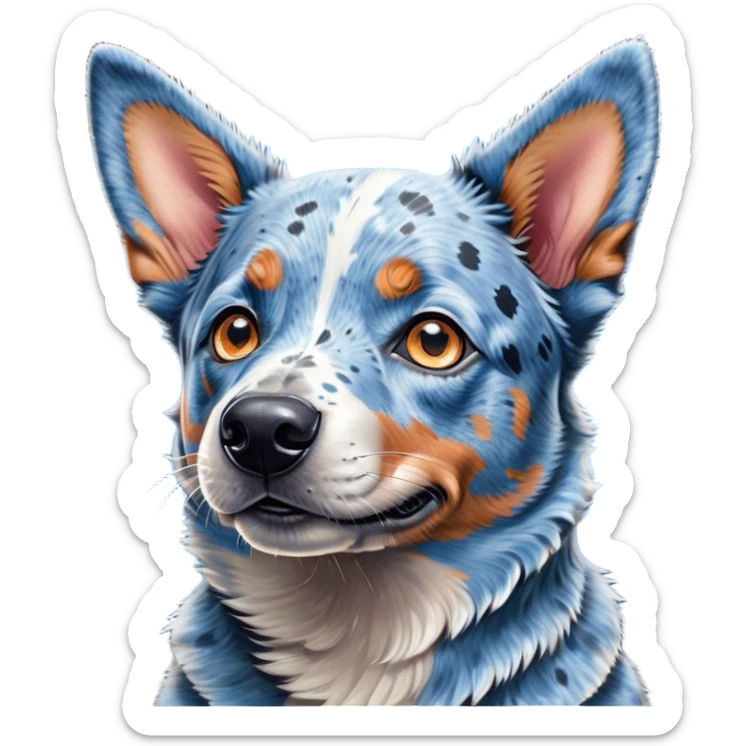 Cinematic Cute Blue Speckle Australian Cattle Dog Portrait Emoji, Head tilted playfully and inquisitively, featuring a vibrant blue speckle Fur with dynamic patterns, round, sparkling blue eyes filled with curiosity, Simplified yet irresistibly adorable features, highly detailed, glowing with a warm, friendly glow, high shine, affectionate and energetic, stylized with a touch of whimsy, bright and endearing, soft glowing outline, capturing the essence of a mischievous yet loving pup, so playful it feels like it could bound out of the screen and into your arms! sticker