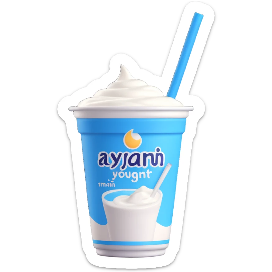 A small carton of Turkish yogurt drink (ayran) with a straw, white and blue packaging sticker