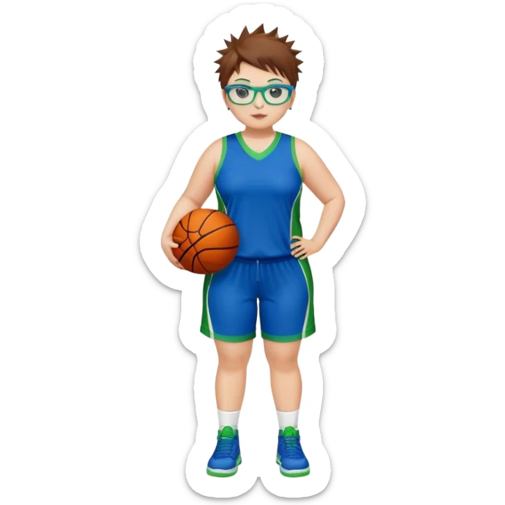 Full Body white plus size Girl with basketball spikey short brown HAIR wearing blue glasses with green eyes wearing blue and green basketball uniform PLAIN sticker