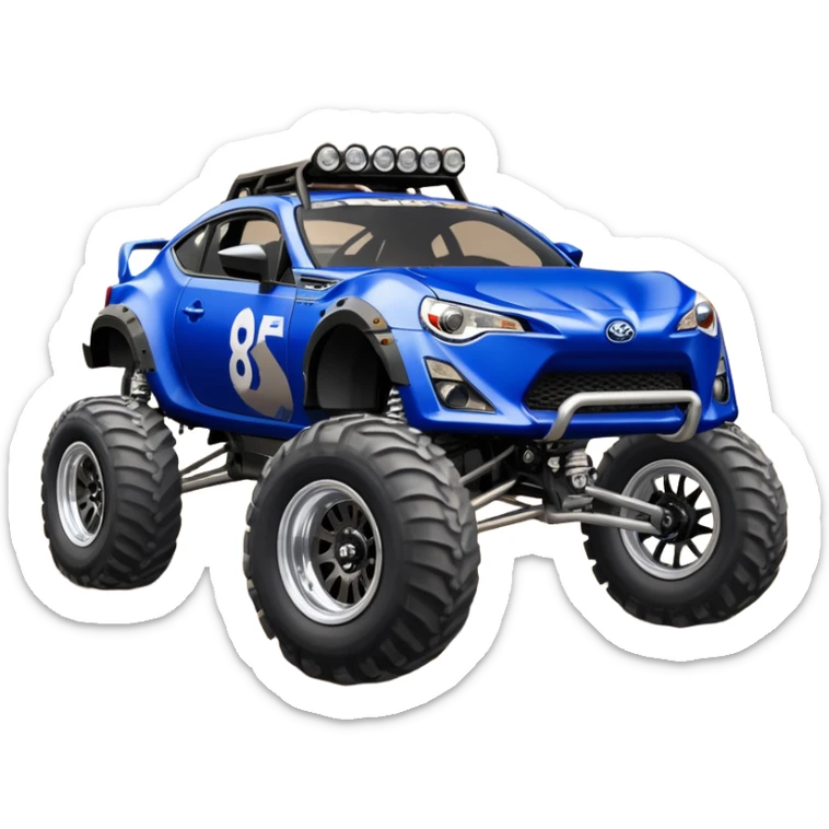 LCG Armored Dirty raced redneck 2013 scion fr-s ultramarine off road 4wd monster truck style Baja dessert stadium rock racer number 86 with sophisticated long travel swing arm suspension, shiny silver wheels, exaggerated wide black fender flares and trailer  sticker