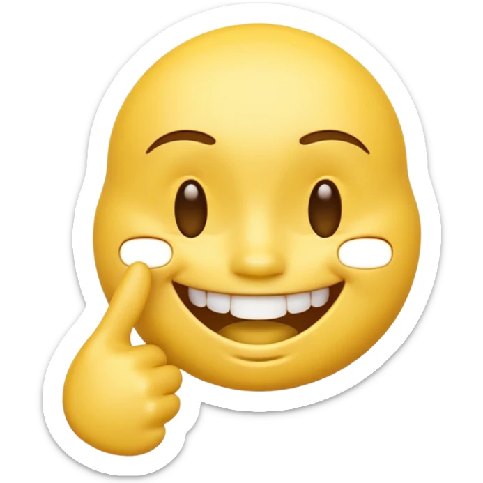 Yellow 3D emoji face, closed smiling eyes, wide toothy grin, one hand with index finger touching the mouth, playful flirty expression, clean emoji style. sticker