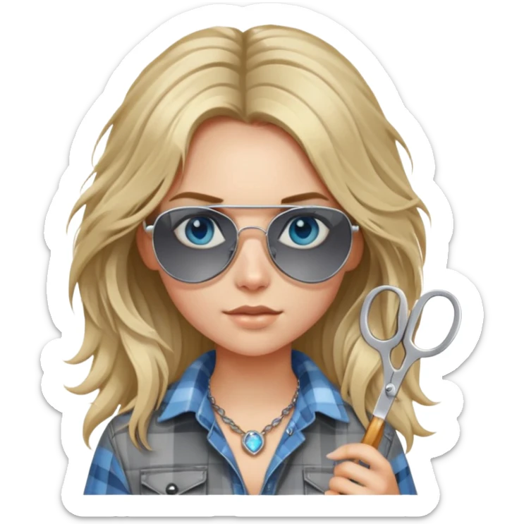 girl with long blond messy hair wearing grey plaid shirt with blue eyes and aviator sunglasses wearing a ring on her silver necklace, holding scissors sticker