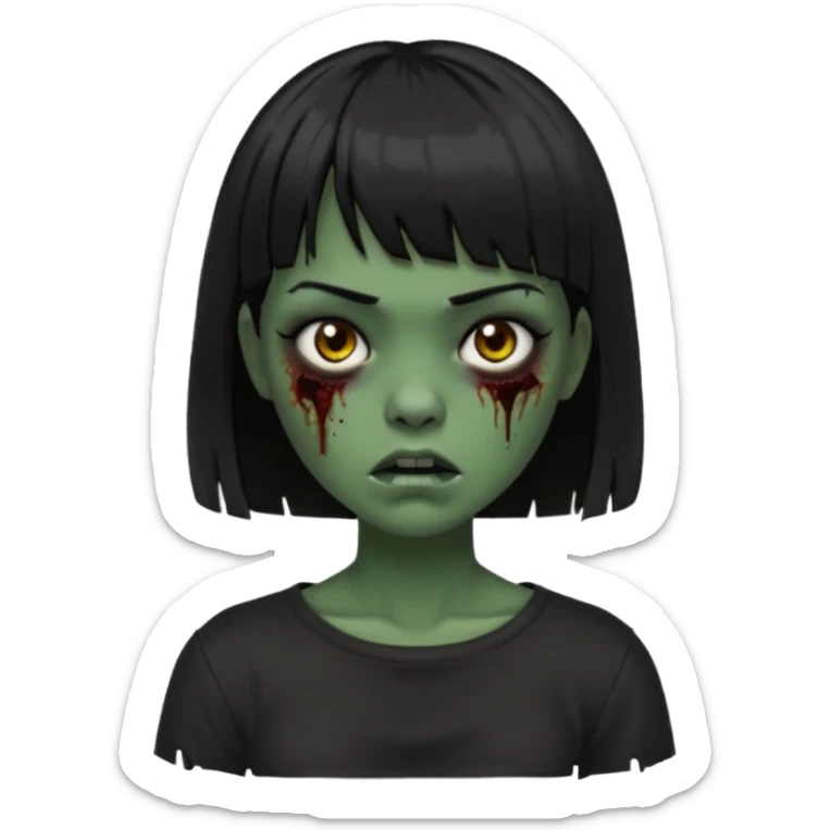 Zombie girl emoji verde escuro com cabelo curto liso preto no ombro e franja na altura da sobrancelha com uma blusa preta sticker