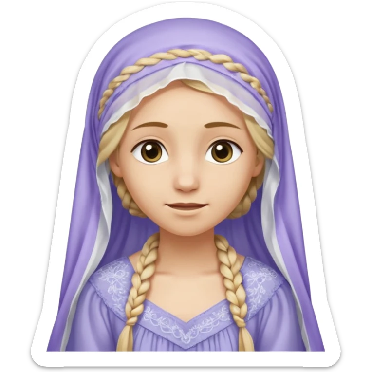 
mujer, Joven, de aspecto dulce y elegante.
Piel clara, ojos grandes y expresivos, sonrisa triste.
Rubio o castaño claro, largo, con trenzas o velo.
Vestido largo cubriendole los zapatos, çde tonos suaves (blanco, azul o lavanda), con bordados dorados; toca fina cubriendo la cabeza. sticker