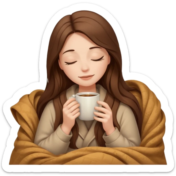 long brown hair woman closed eyes covered with cozy beige blanket, holding cup of coffee, autumn mood sticker