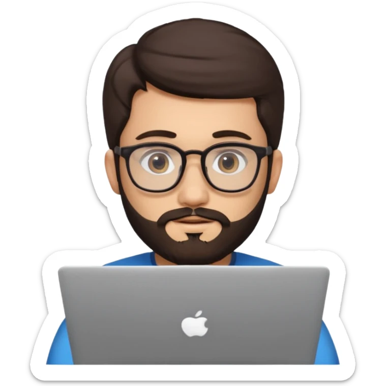 23 year old Azerbaijani man with dark brown hair and beard with glasses and laptop sticker