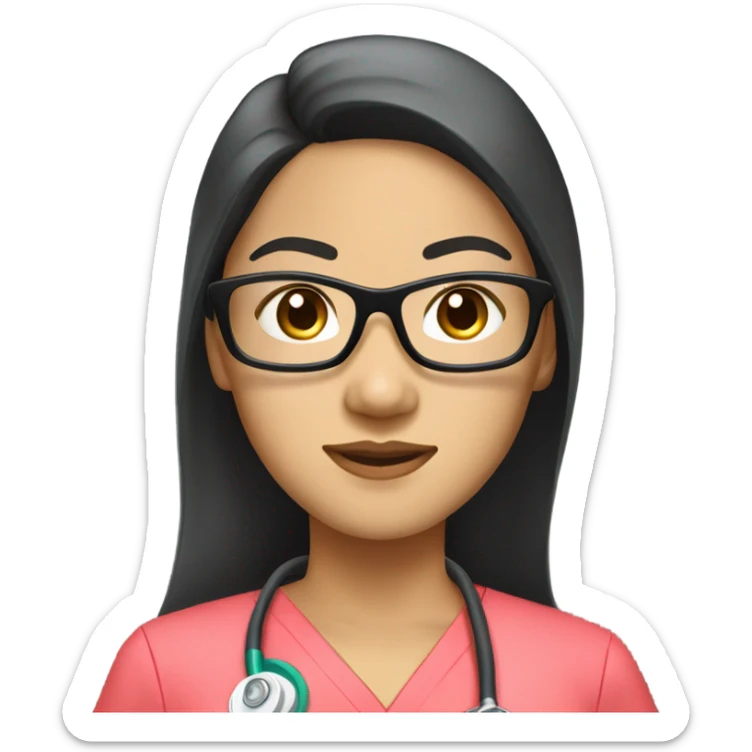 Asian nurse with long straight black hair and tan skin and clear glasses in scrubs sticker