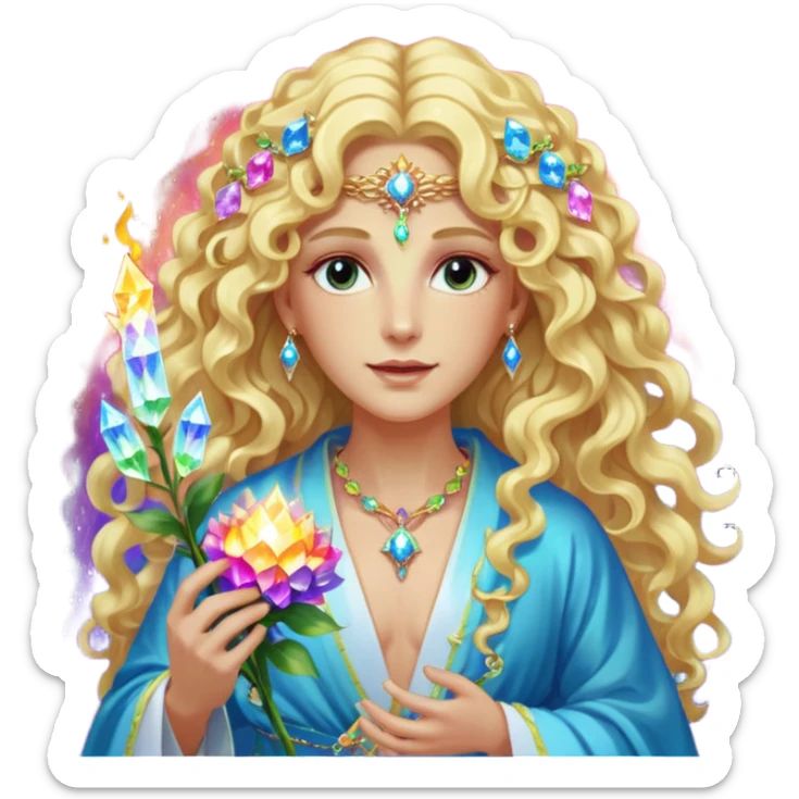 a being made of light pleidian nordic long faces and curly huge thick blond hair but beautiful features of light wearing jewels and a rainbow halo like a saint arount her a robe on made of light and gem  transparent belly dancer and who is lanky holding a bouquet of crystal flowers on rainbow fire sticker