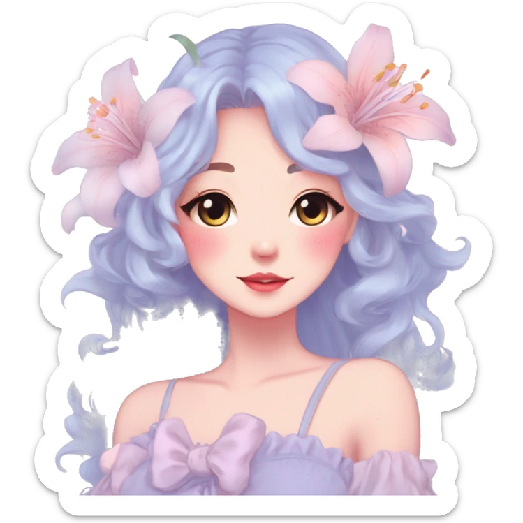 Gorgeous pastel anime style lady with blushing face and lilies cottagecore fairycore pastelcore colorful pearly romantic simplistic aesthetic trending style sticker