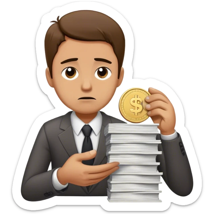 enerate an emoji of a sad business owner handing over a giant stack of work in exchange for a single tiny coin. The character looks frustrated and disappointed, representing undervaluing their services sticker