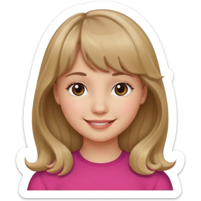 A girl with wavy, dark blonde hair, straight bangs, and straight eyes. She is smiling. sticker