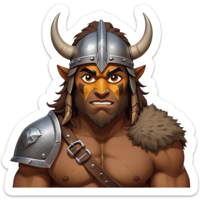 Clash of Clans aesthetic: Cinematic Fierce Barbarian Portrait Emoji, Poised and bold with a rugged yet cartoonish build in tattered furs and a horned helmet, expressive bright eyes and a confident smirk, Simplified yet dynamic features, highly detailed, glowing with a vivid, adventurous aura, high shine, heroic and spirited, stylized with an air of medieval warrior charm, focused and energetic, soft glowing outline, capturing the essence of a fearless barbarian adventurer ready to lead his clan with spirited valor! sticker