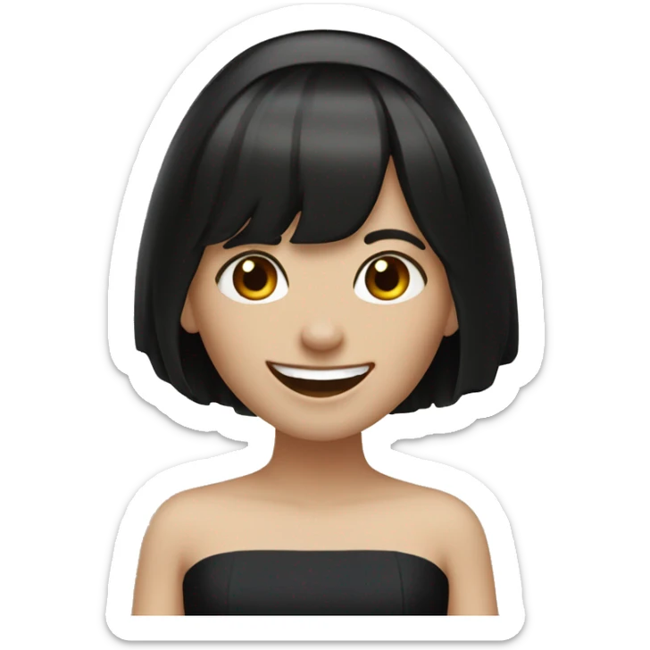 bride with very pale skin dark brown straight short hair black dress and bangs laughing sticker