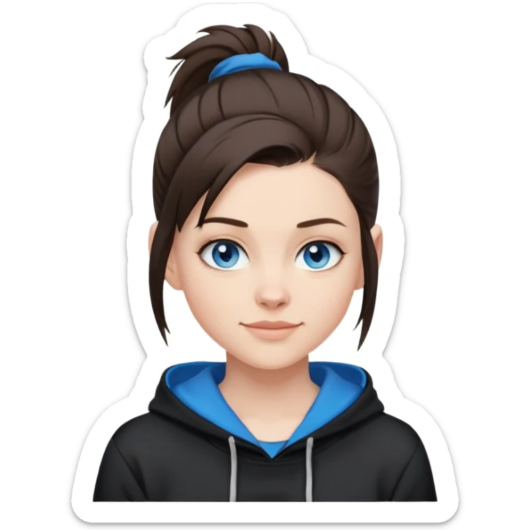 brunette short hair that is shaved on the sides and the top up in a short pony tail. this girl needs blue eyes and a black hoodie. i want her to be smirking sticker
