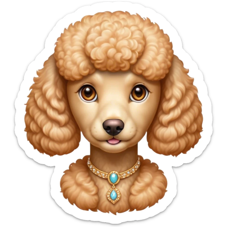 Cinematic Noble Apricot Poodle Portrait Emoji, Poised and regal, with a refined, elegant build and a meticulously groomed, curly apricot Fur, deep-set soulful warm eyes, Simplified yet sharp and sophisticated features, highly detailed, glowing with a soft, dignified glow, high shine, intelligent and graceful, stylized with an air of sophistication, focused and attentive, soft glowing outline, capturing the essence of a watchful and confident companion, so majestic it feels as though it could prance out of the screen with effortless authority! sticker