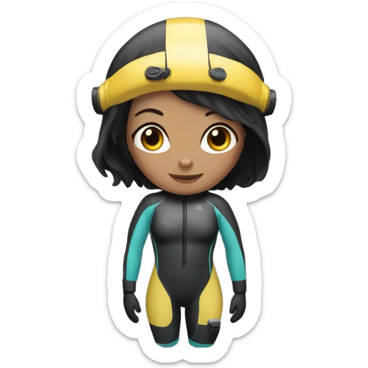 "A woman with black hair and fair skin wearing a diving suit emoji." sticker