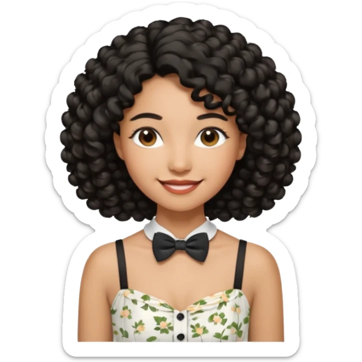 A young woman. She has voluminous, curly black hair that frames her face beautifully. Her skin tone is light Brown and glowing, and she has a subtle, natural makeup look. She’s smiling softly at the camera. She is wearing a white floral top with thin straps and a small bow tie detail in the front. sticker
