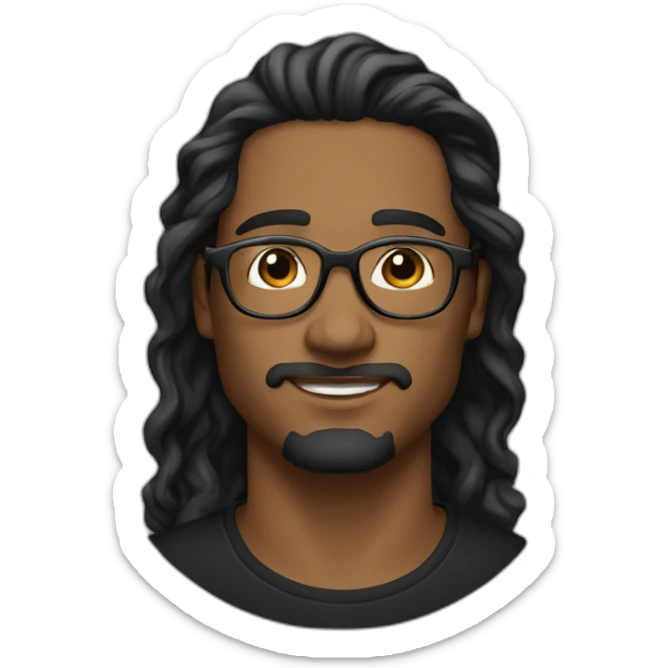brown guy, black eyes, black long wavy hair, no facial hair, thin long nose, round glasses, black t shirt sticker