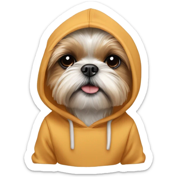 A butterscotch shih tzu/ Yorkie mix wearing a hoodie sticker