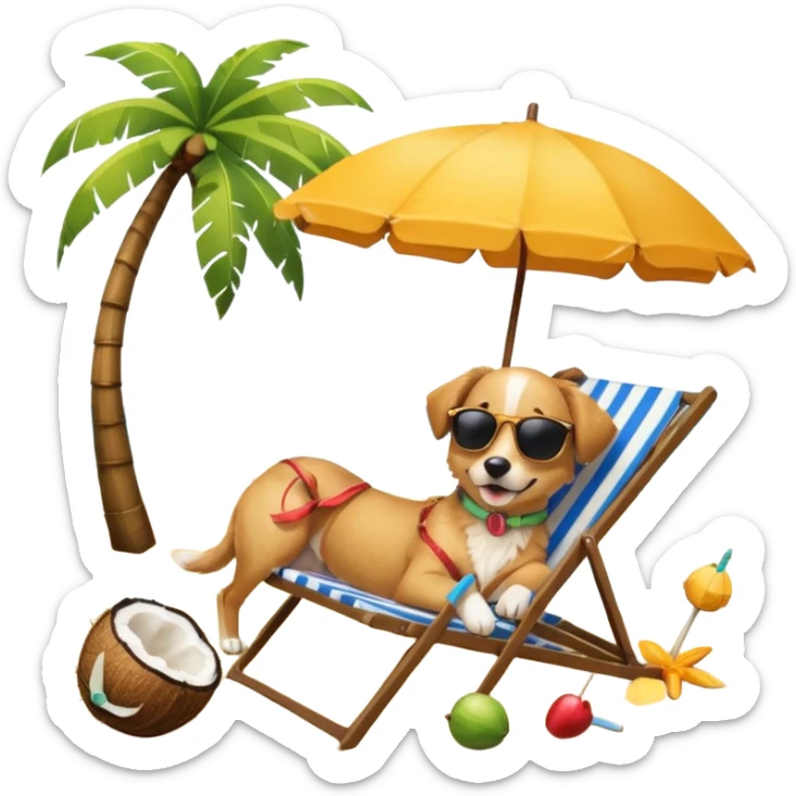 a dog laied on a beach chair, a sunny beach, a sun umbrella, and beach coconut trees. the icon should capture the essence of a relaxing beach vacation with a carefree atmosphere sticker